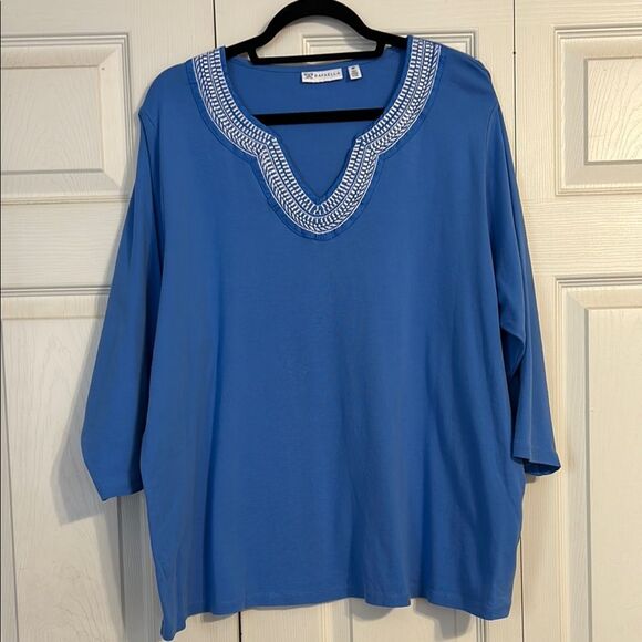 RAFAELLA Size 3X Blue White Embroidered V-Neck Coastal Nautical Blouse Shirt - Picture 1 of 5